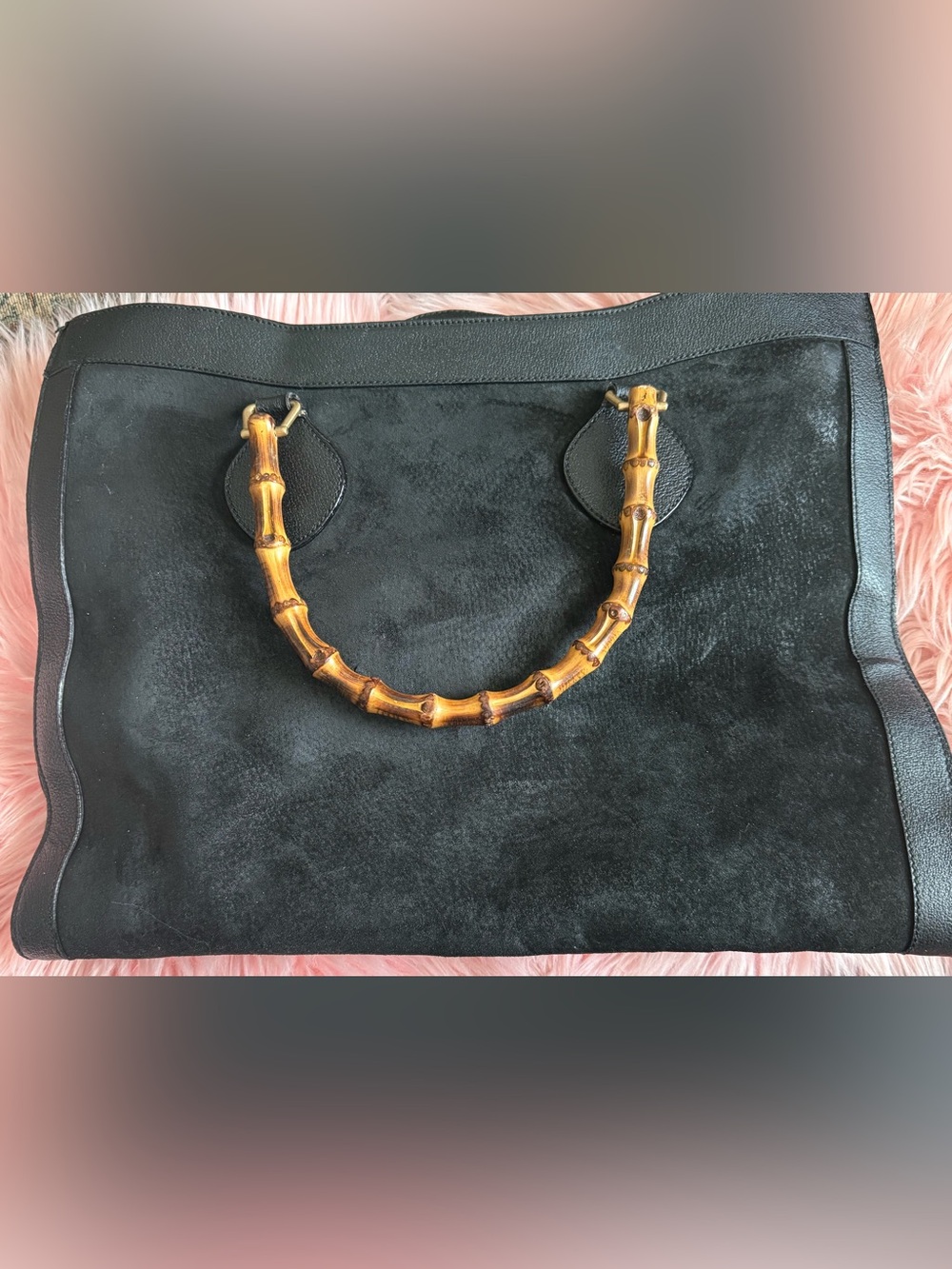 Gucci Black Leather Logo Tab Tote with Bamboo Handle